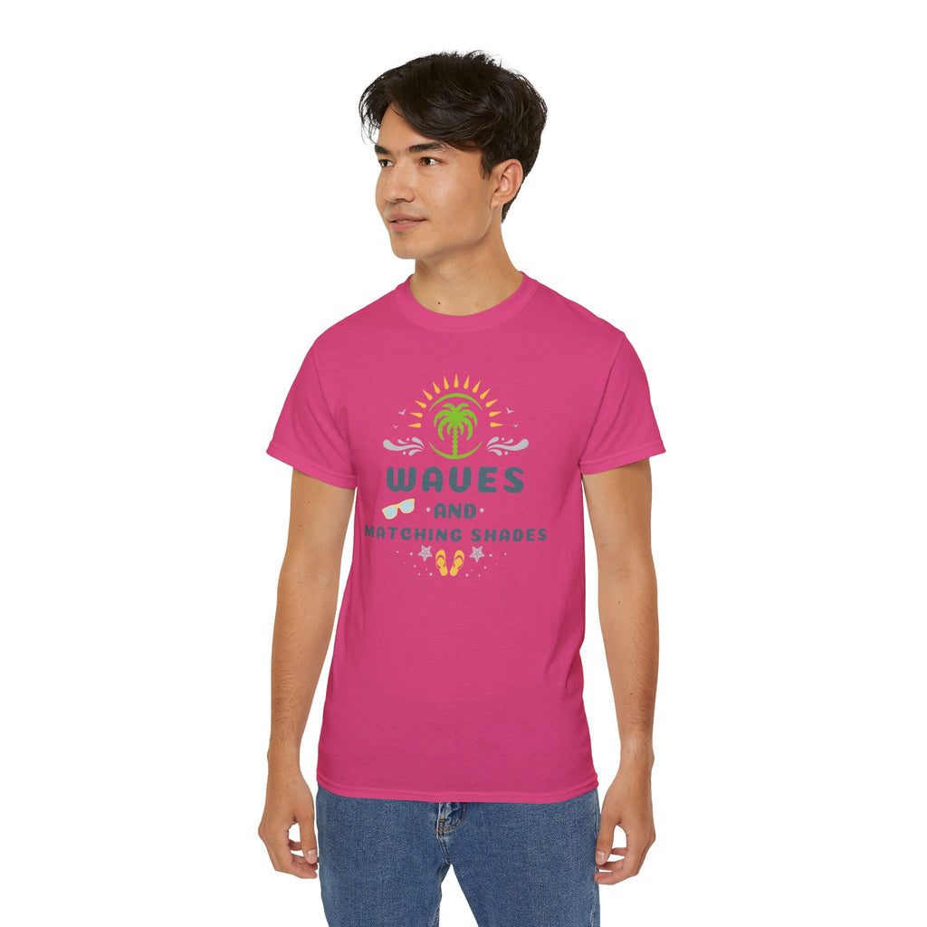 Waves and Matching Shades Tee — Retro Palm Beach Graphic T-Shirt