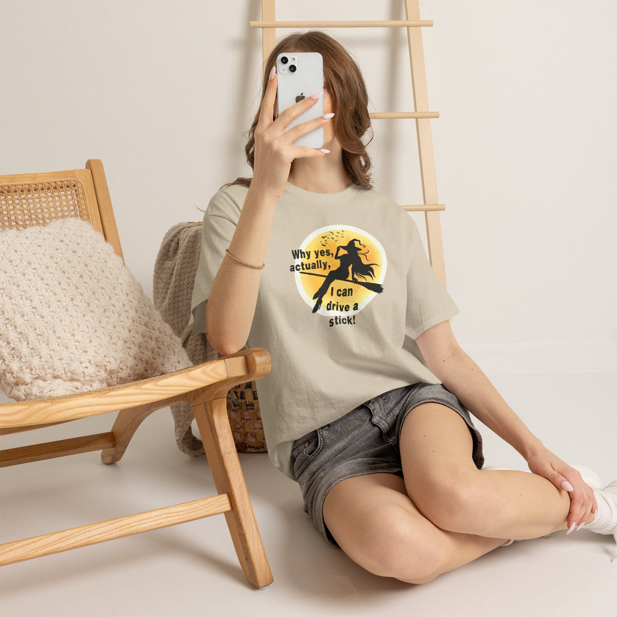 Witch on Broom T-Shirt — "Why yes, actually, I can drive a stick!" Halloween Tee