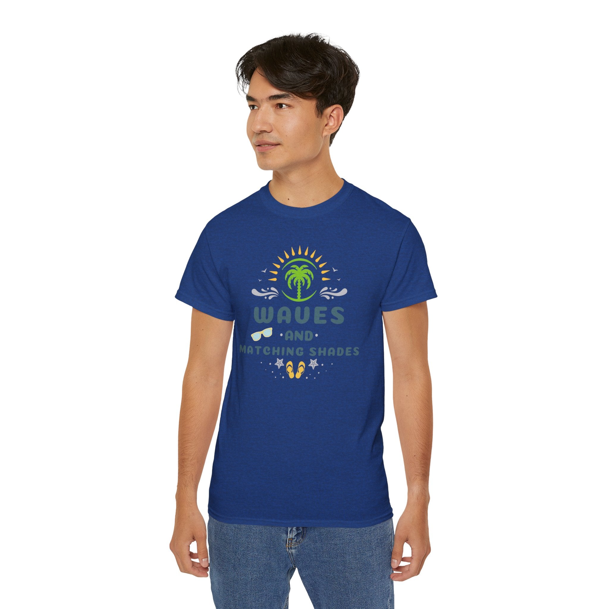 Waves and Matching Shades Tee — Retro Palm Beach Graphic T-Shirt