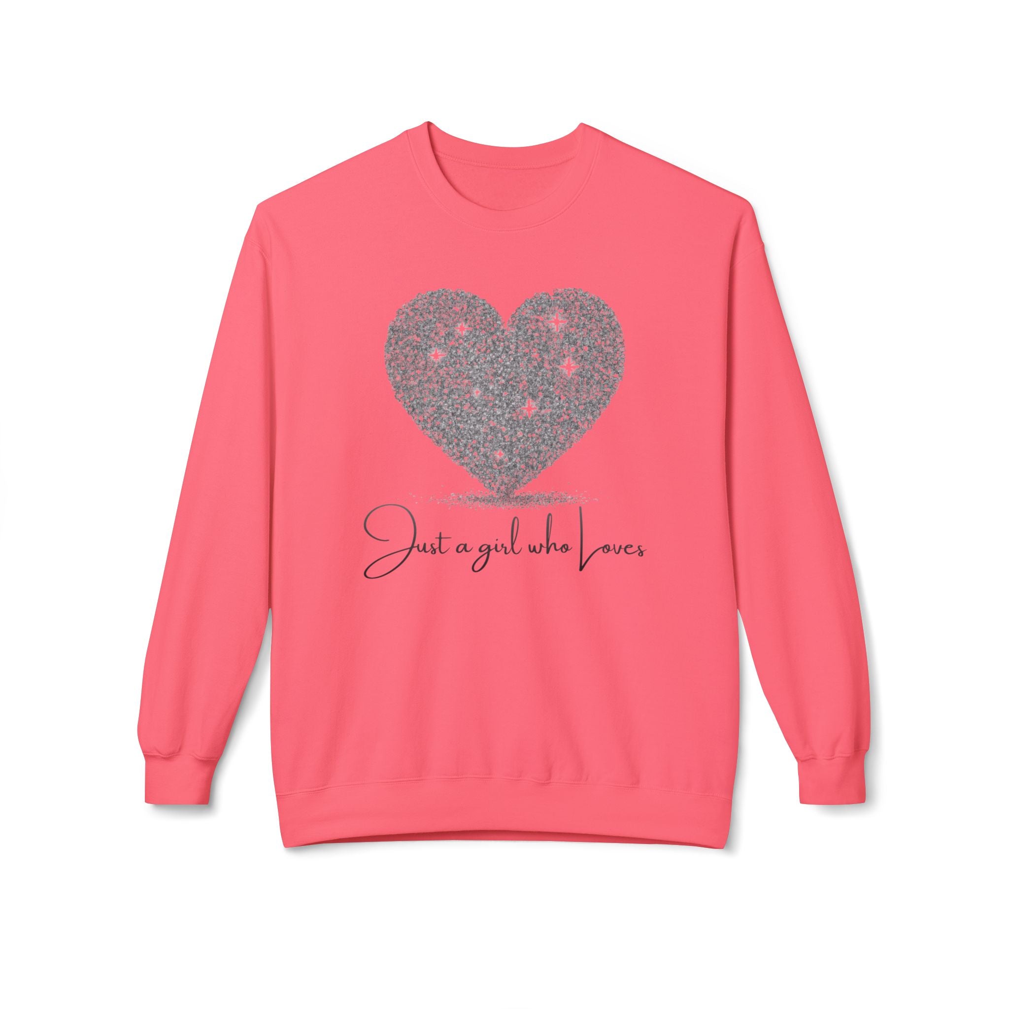 Crewneck Sweatshirt - Glitter Heart "Just a girl who loves" Cozy Graphic Pullover