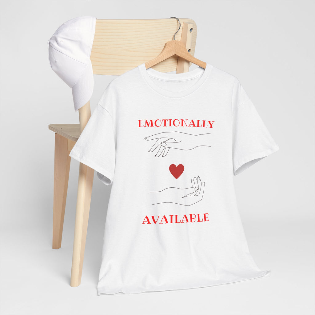 T-Shirt — "Emotionally Available" Minimal Heart Line Art Tee