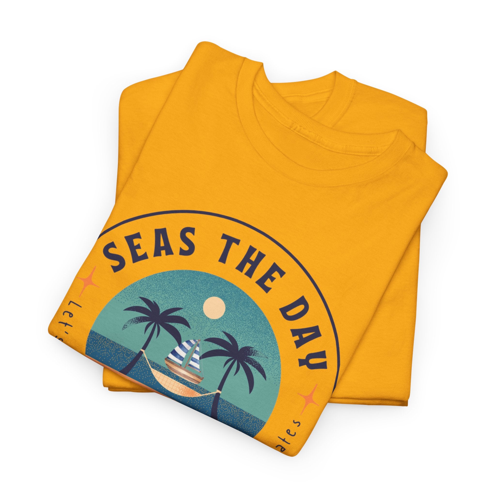 Seas the Day Beach Tee — Retro Palm Tree Sunset “Seas the Day” Graphic Shirt