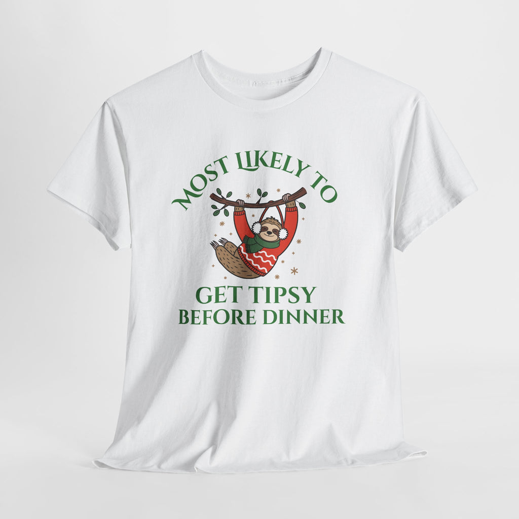 Most Likely to Get Tipsy Before Dinner Christmas Sloth T-Shirt