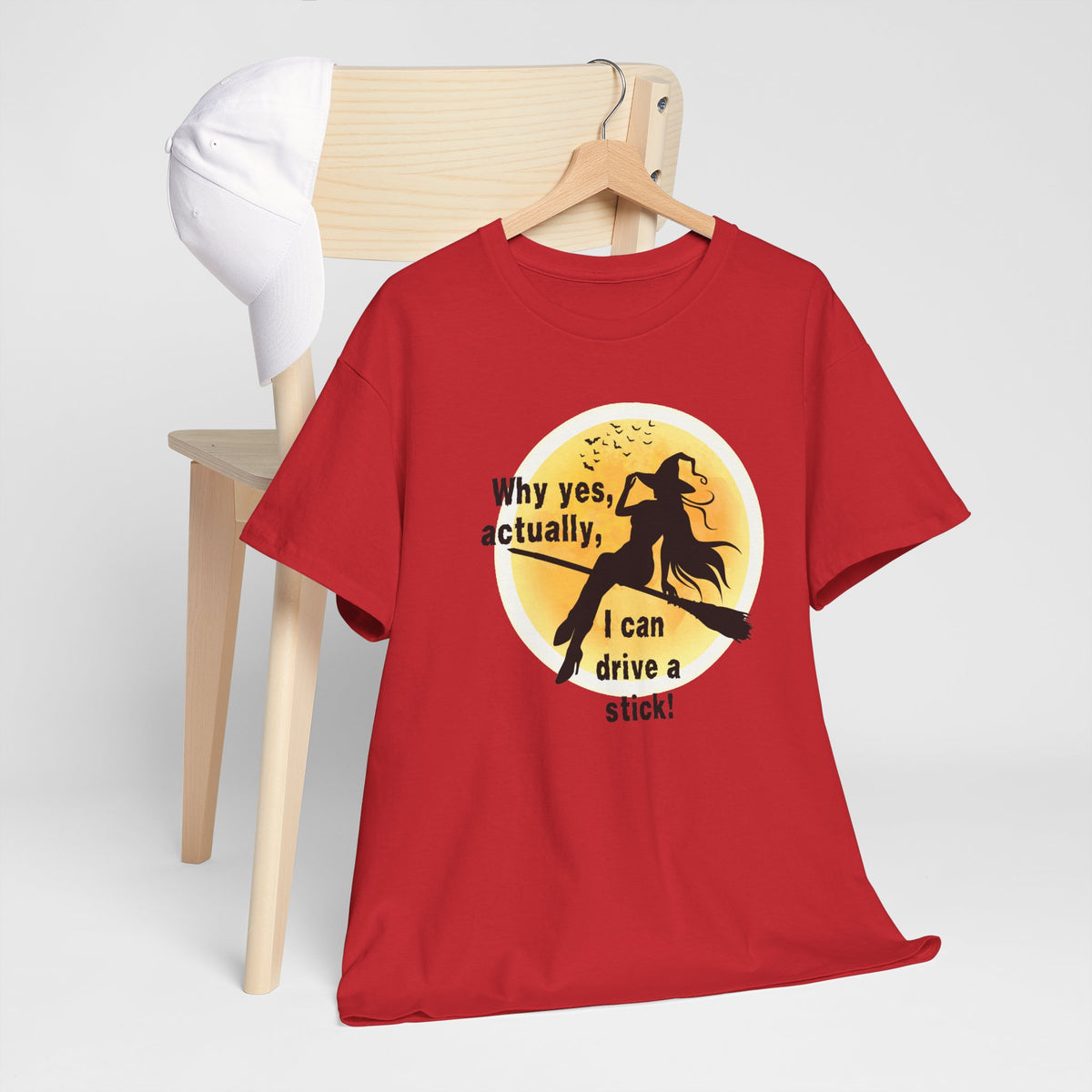 Witch on Broom T-Shirt — "Why yes, actually, I can drive a stick!" Halloween Tee