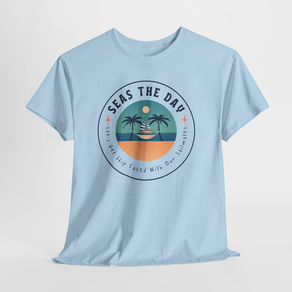 Seas the Day Beach Tee — Retro Palm Tree Sunset “Seas the Day” Graphic Shirt