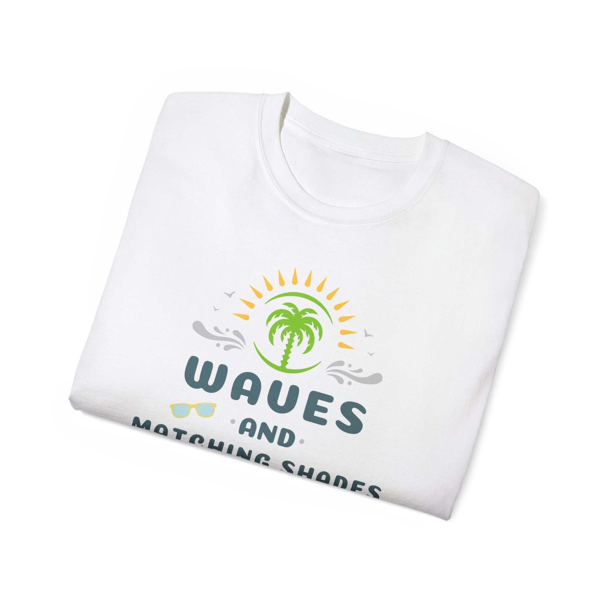 Waves and Matching Shades Tee — Retro Palm Beach Graphic T-Shirt
