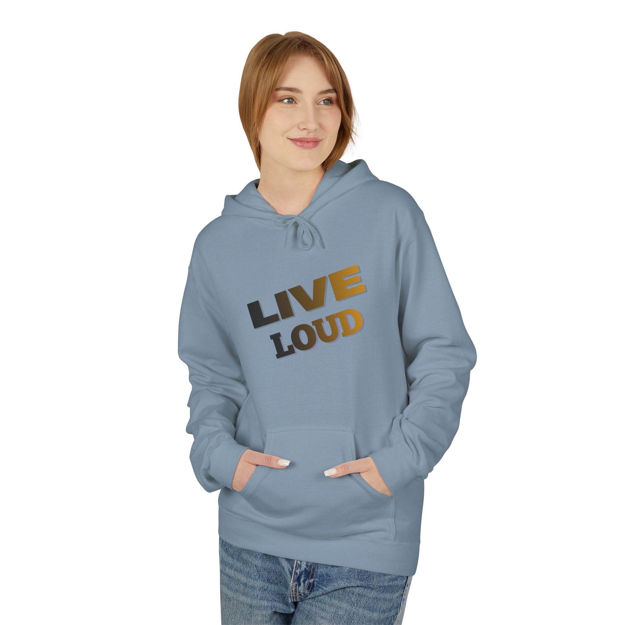 Live Loud Hoodie — Bold Diagonal Text Graphic Pullover
