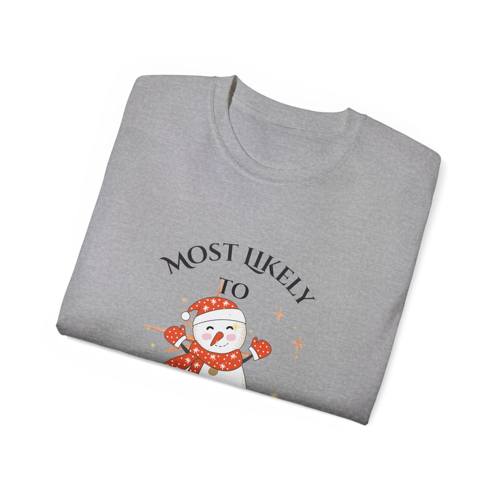 Most Likely to eat pie for breakfast Winter Holiday Snowman Tee - Funny Christmas T-Shirt, Gift for Friends, Family Gathering, Holiday Parties, Cozy Winter Wear