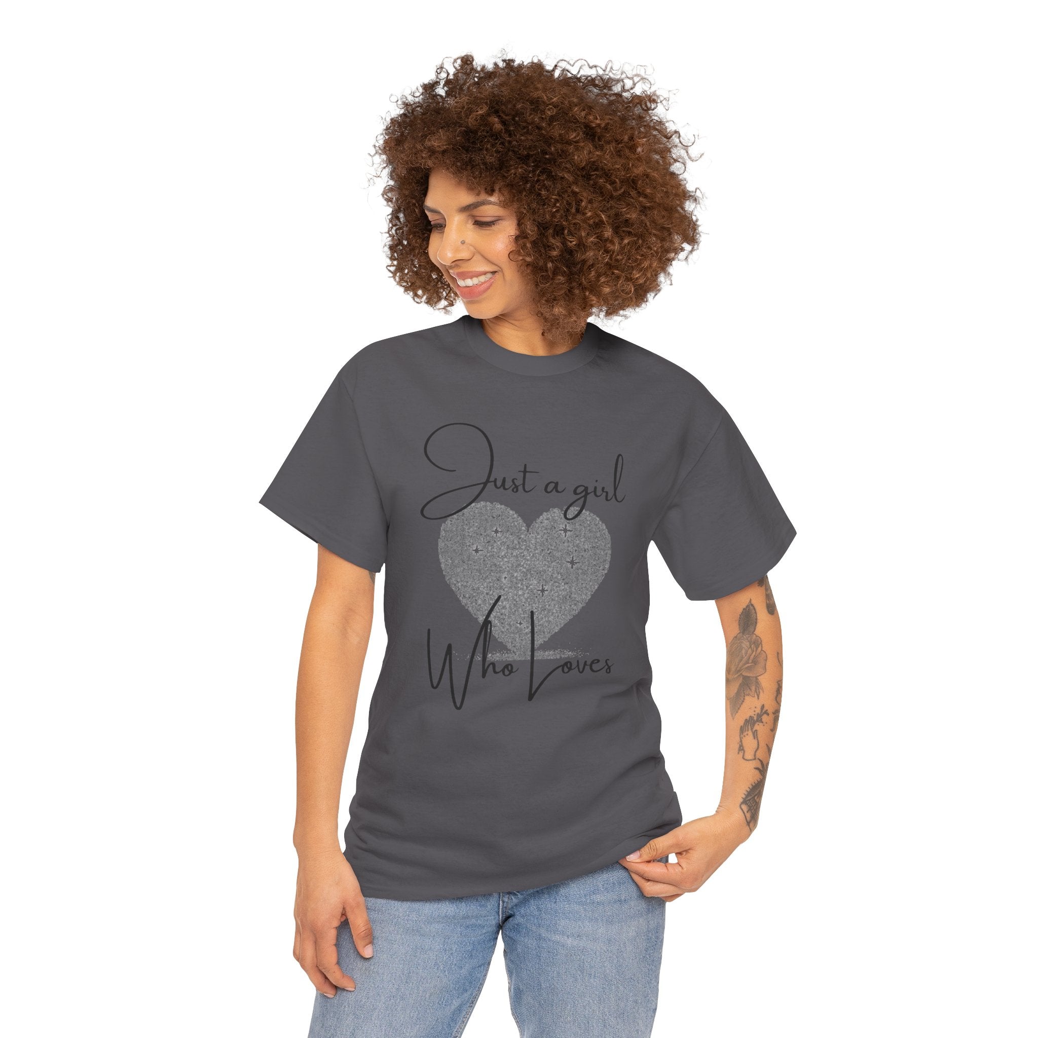 Glitter Heart Tee — "Just a girl who loves" Graphic T-Shirt