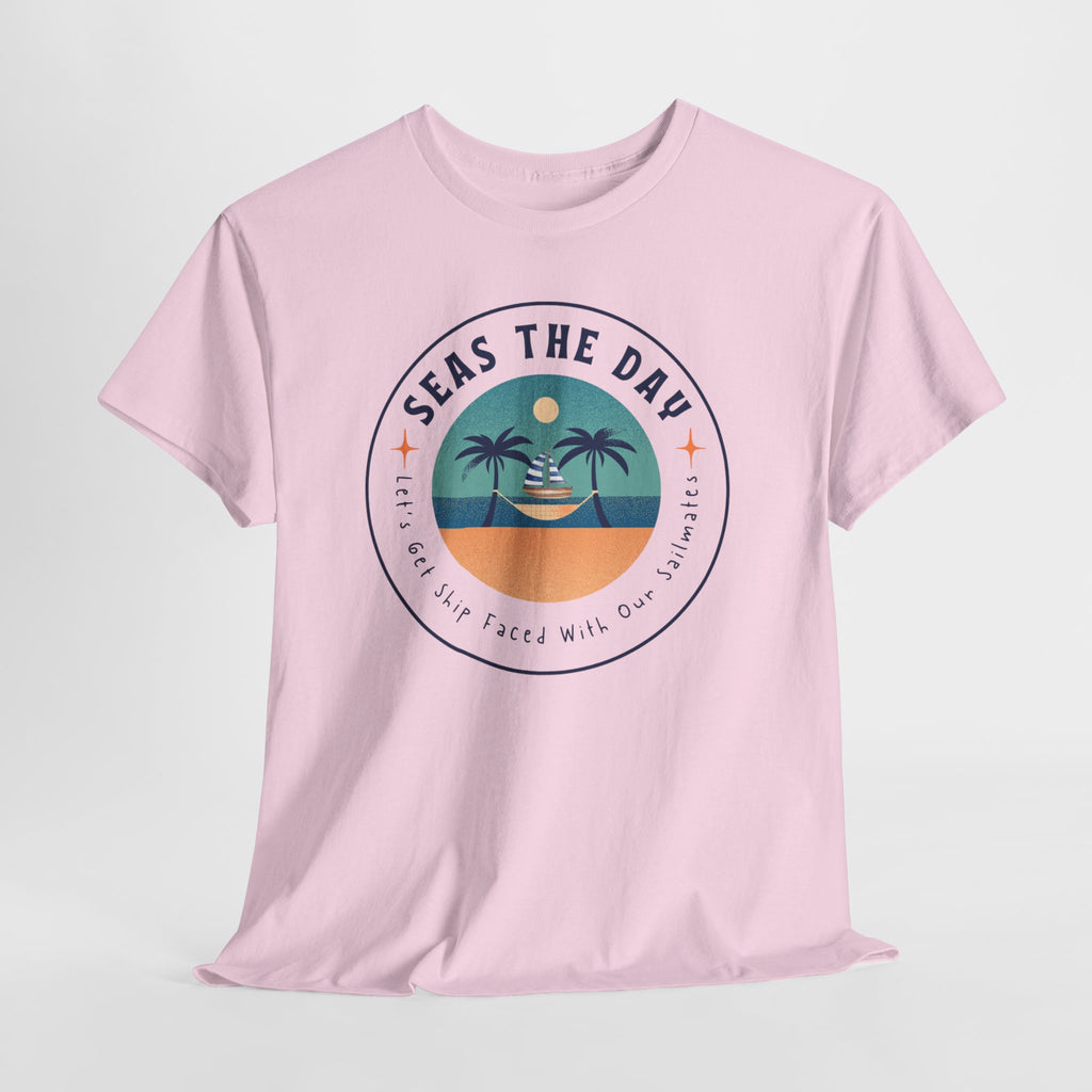 Seas the Day Beach Tee — Retro Palm Tree Sunset “Seas the Day” Graphic Shirt