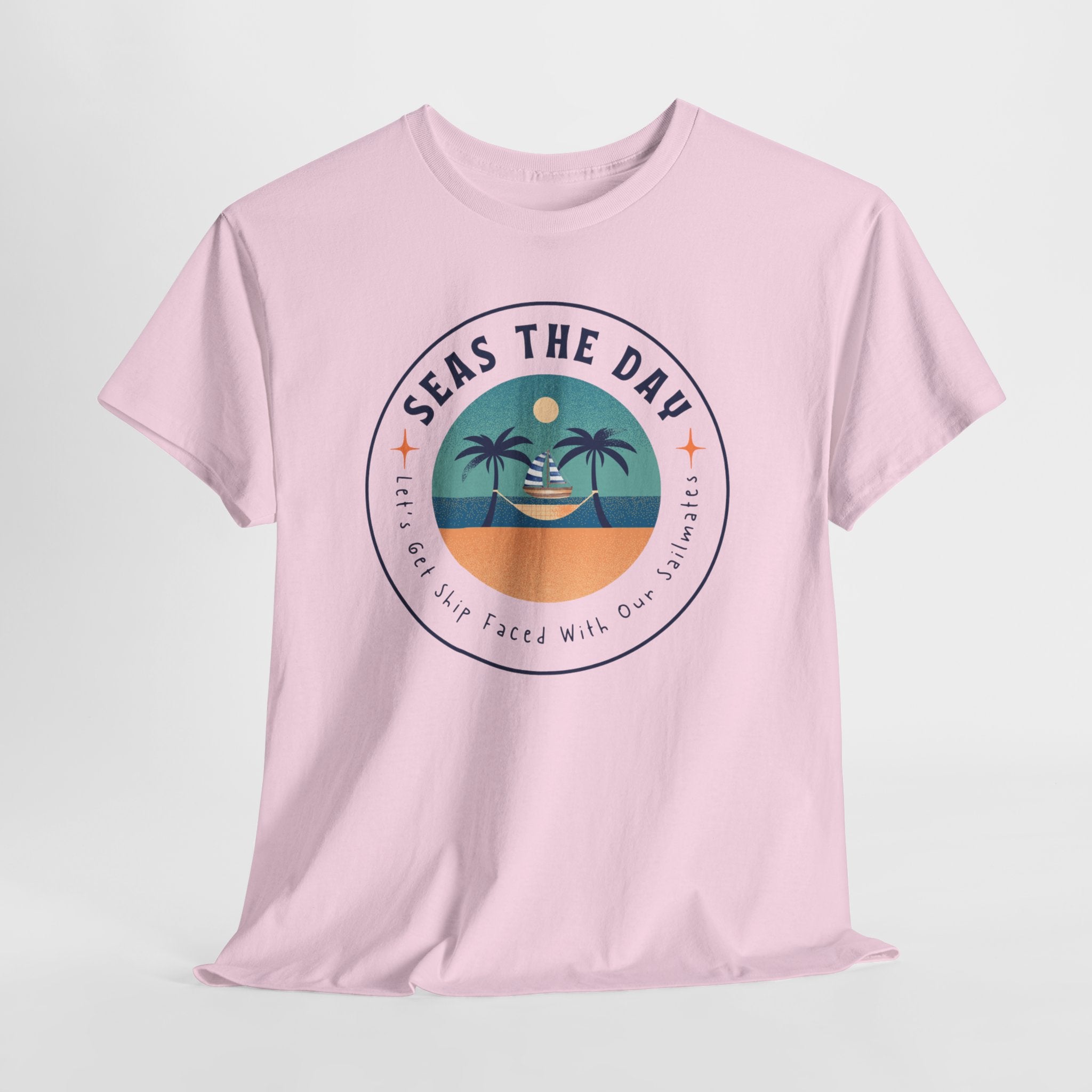 Seas the Day Beach Tee — Retro Palm Tree Sunset “Seas the Day” Graphic Shirt