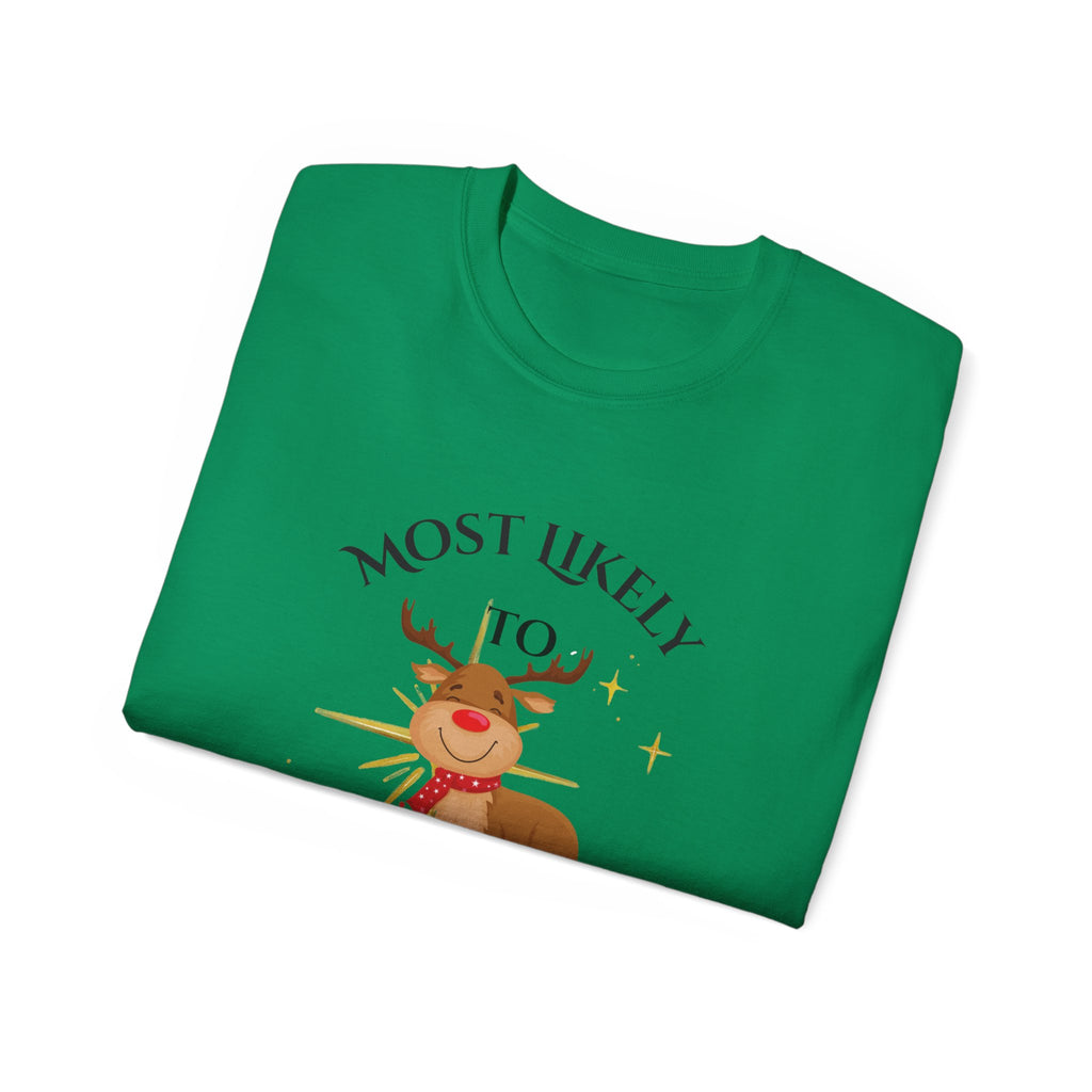Funny Christmas Tee, Holiday Gift T-Shirt, Most Likely to Burn Dinner Shirt, Unisex Festive Top, Xmas Apparel