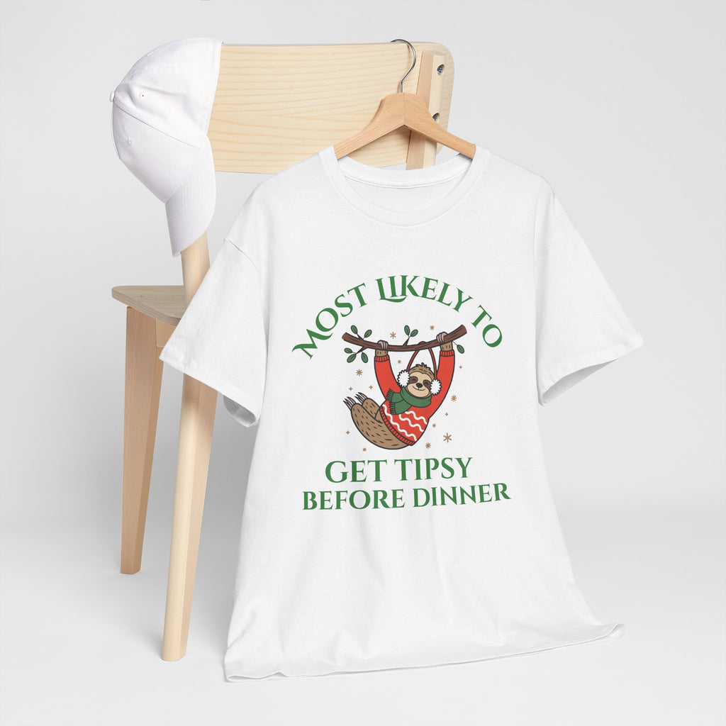 Most Likely to Get Tipsy Before Dinner Christmas Sloth T-Shirt