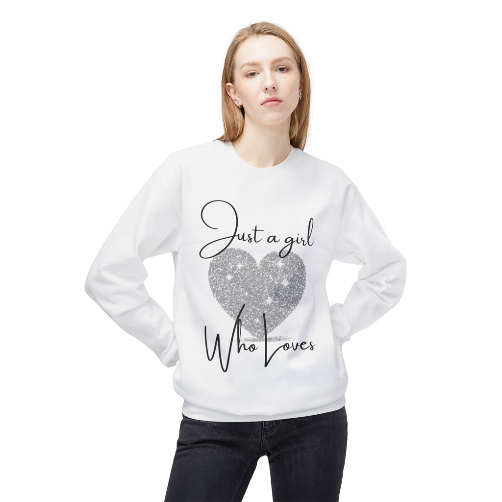 Crewneck Sweatshirt - Glitter Heart "Just a girl who loves" Cozy Graphic Pullover