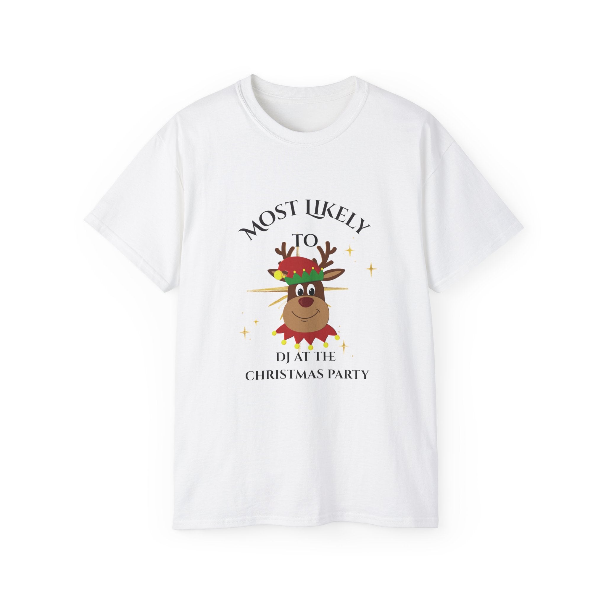 Most Likely to DJ Christmas Party Tee, Holiday T-Shirt, Funny Christmas Gift, Unisex Cotton Shirt, Party Outfit, Festive Apparel