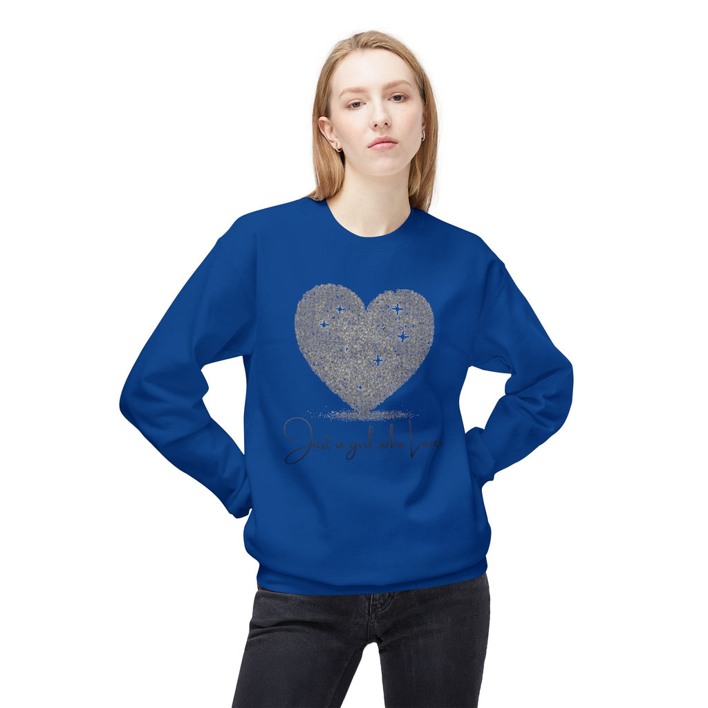 Crewneck Sweatshirt - Glitter Heart "Just a girl who loves" Cozy Graphic Pullover
