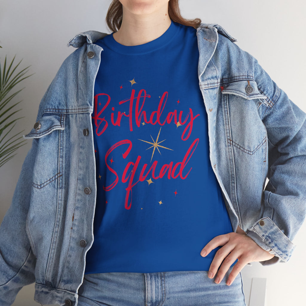 Birthday Squad T-Shirt — Women's Party Tee with Pink Script & Gold Stars