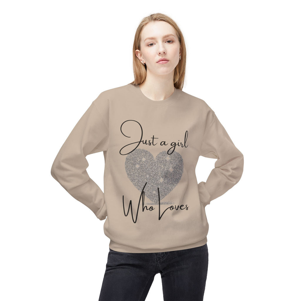 Crewneck Sweatshirt - Glitter Heart "Just a girl who loves" Cozy Graphic Pullover