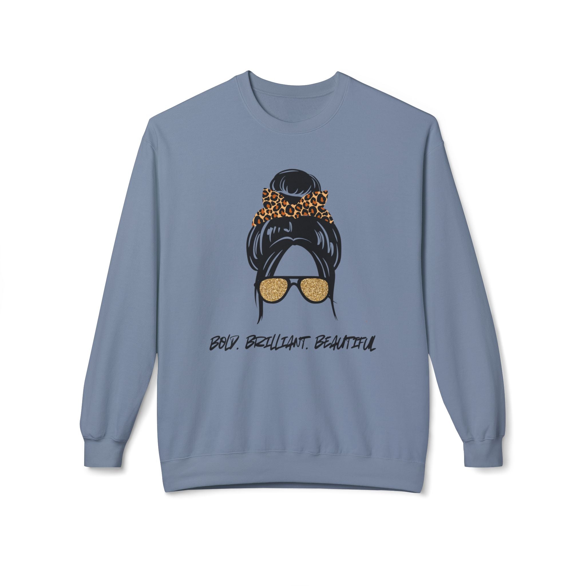 Bold Brilliant Beautiful Graphic Messy Bun Leopard Sunglasses Crewneck Sweatshirt