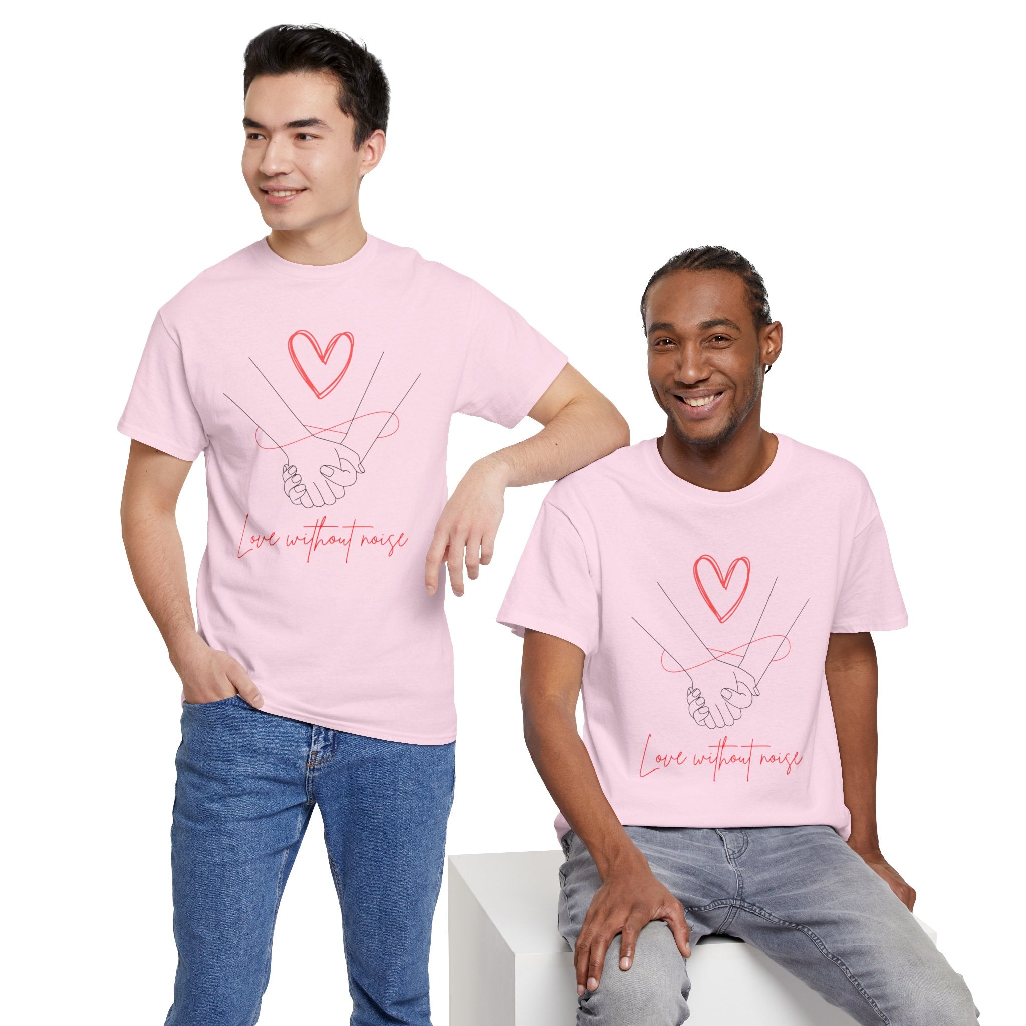 Romantic Holding Hands Tee — "Love Without Noise" Cotton Shirt