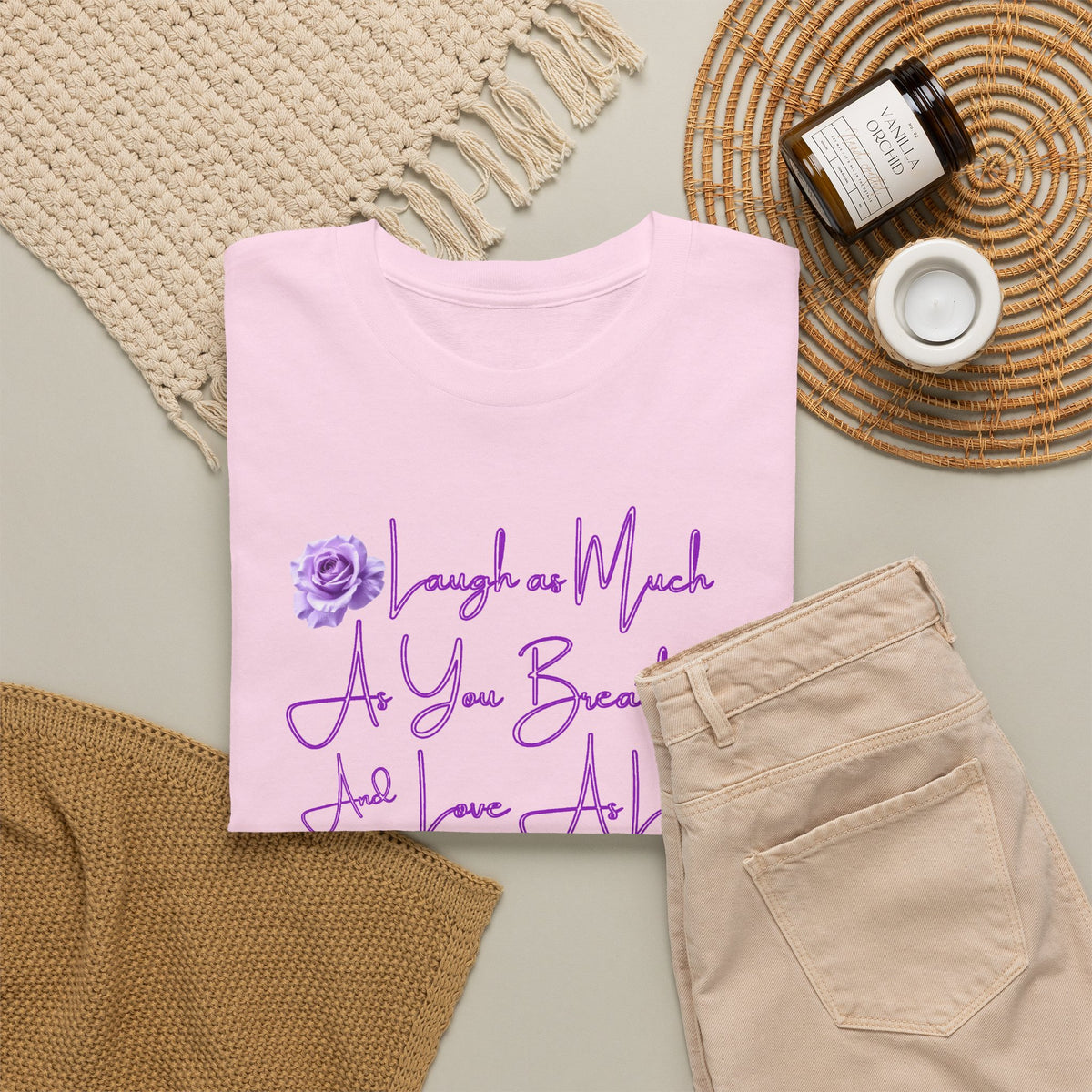 Inspirational Script Tee — "Breathe, Believe, Love" Purple Handwritten Design