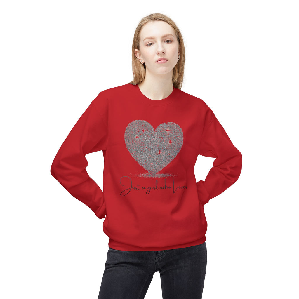 Crewneck Sweatshirt - Glitter Heart "Just a girl who loves" Cozy Graphic Pullover