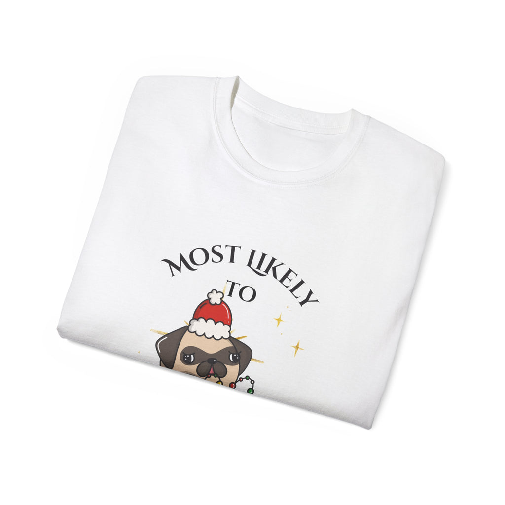 Funny Holiday Dog Tee, Most Likely to Kiss Santa T-Shirt, Christmas Gift for Dog Lovers, Seasonal Apparel, Unisex Cotton Shirt
