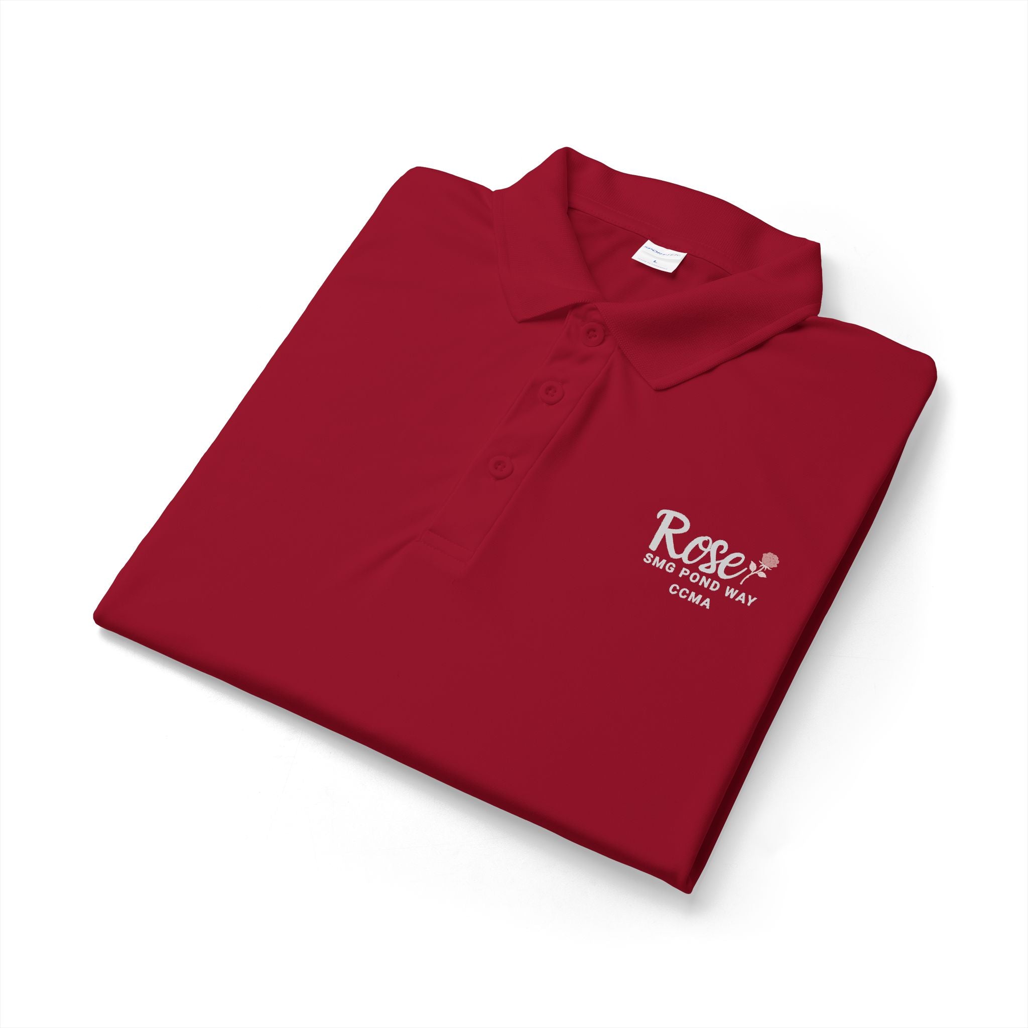 Rose Women's Polo Work Shirt White Script with a Rose