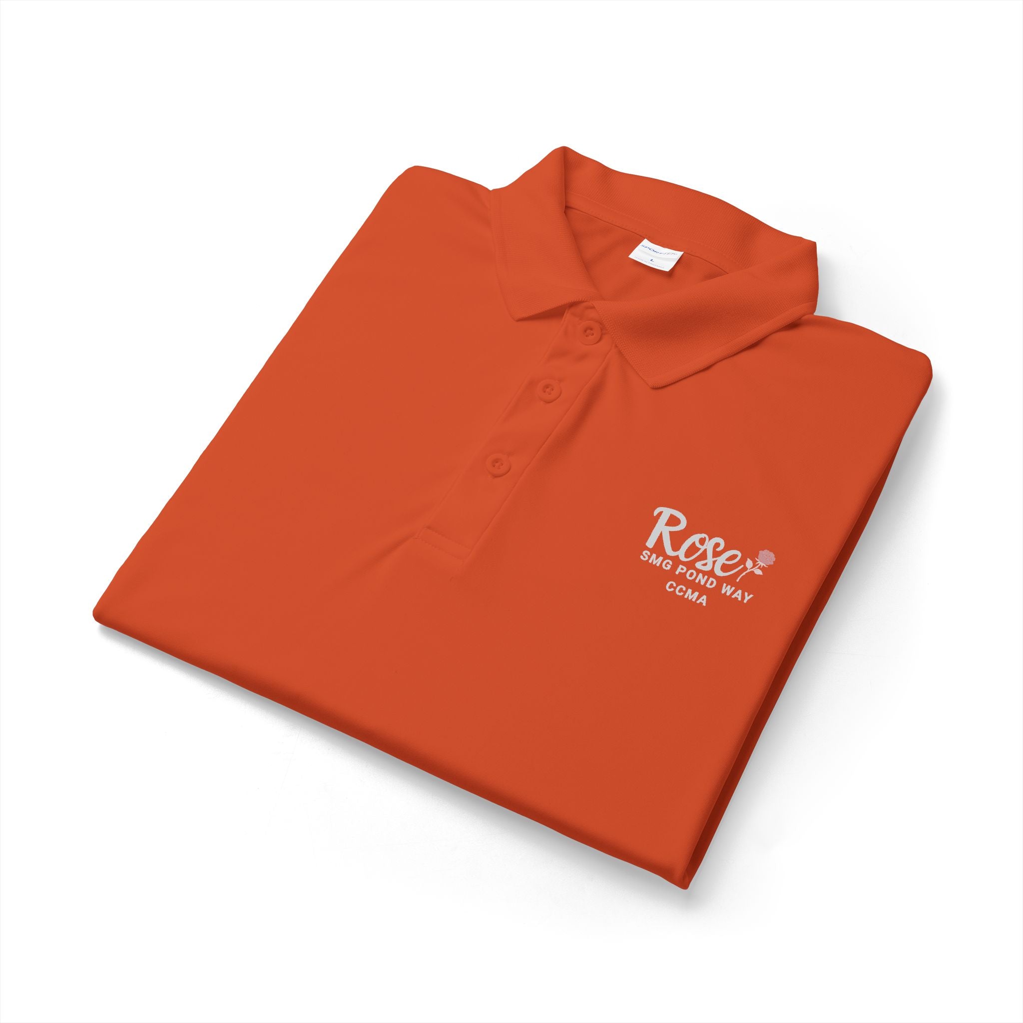 Rose Women's Polo Work Shirt White Script with a Rose