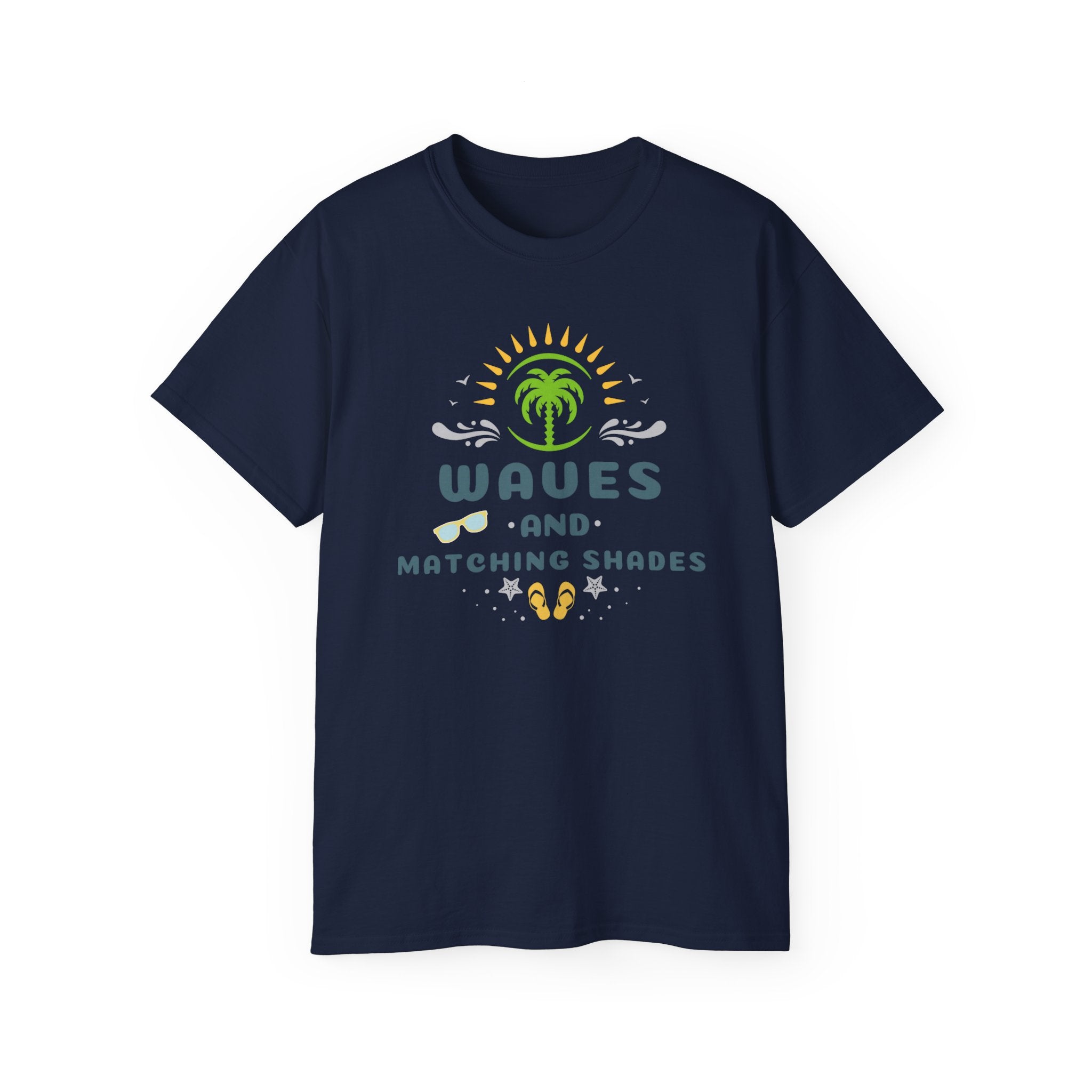 Waves and Matching Shades Tee — Retro Palm Beach Graphic T-Shirt