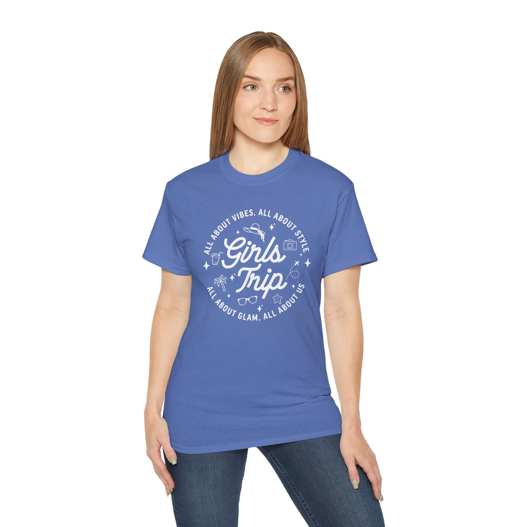 Girls Trip T-Shirt — 'All About Vibes, All About Style' Graphic Tee for Bachelorette & Vacation