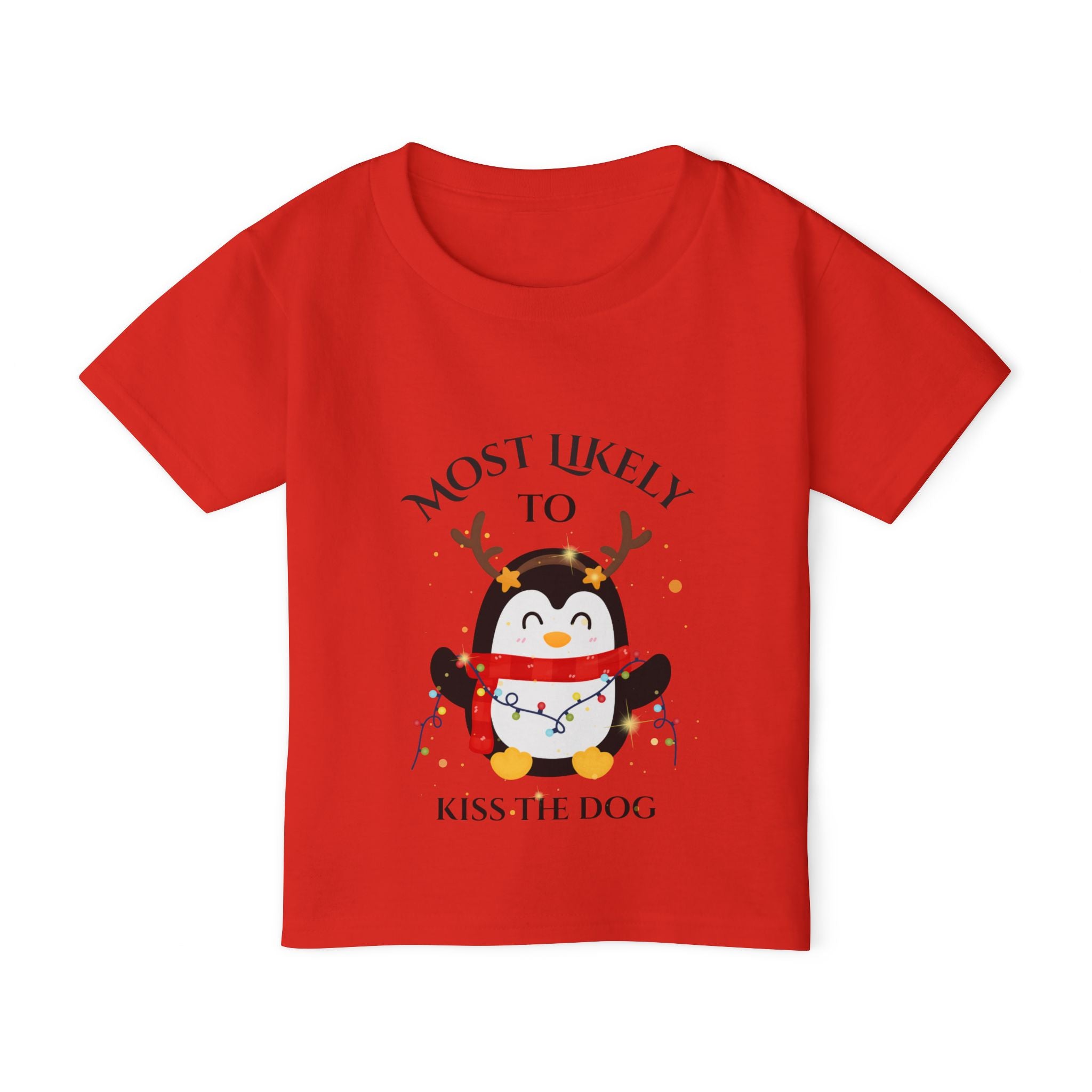 Cute Toddler T-Shirt with Penguin Design, Most Likely to Kiss the Dog, Funny Kids Tee, Christmas Gift, Animal Lover Shirt, Toddler Apparel