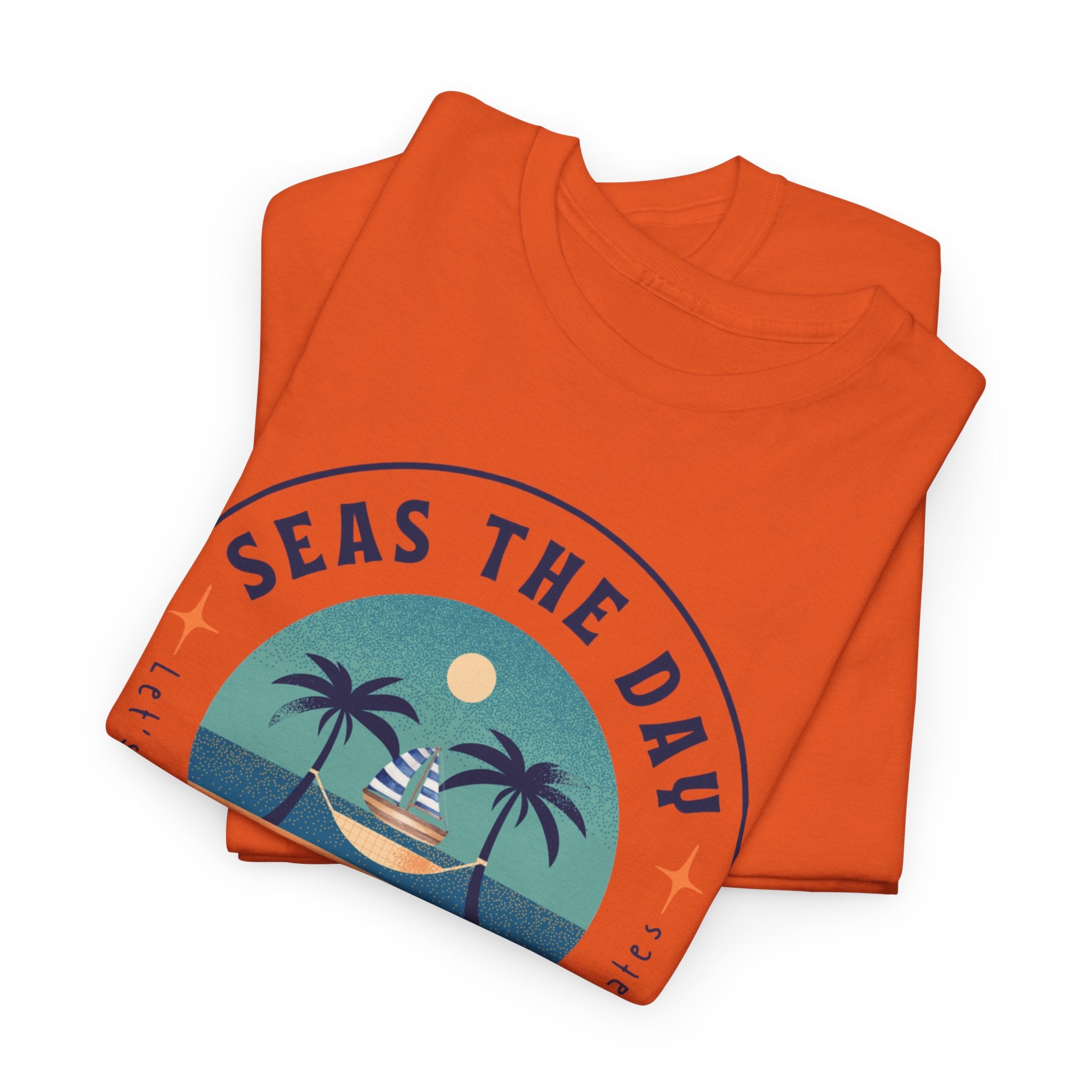 Seas the Day Beach Tee — Retro Palm Tree Sunset “Seas the Day” Graphic Shirt