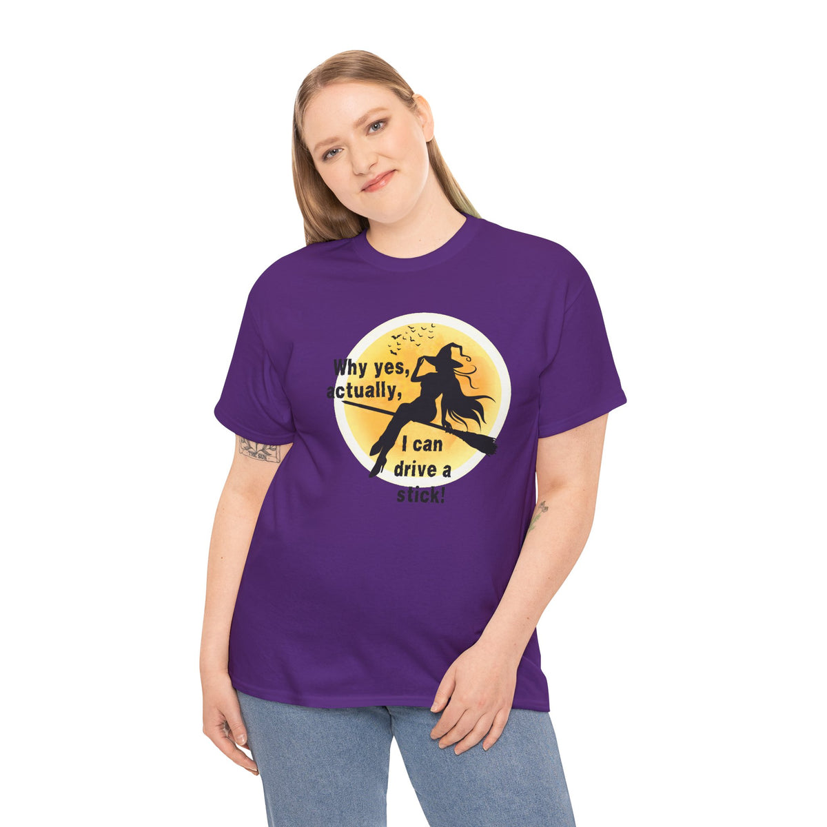 Witch on Broom T-Shirt — "Why yes, actually, I can drive a stick!" Halloween Tee