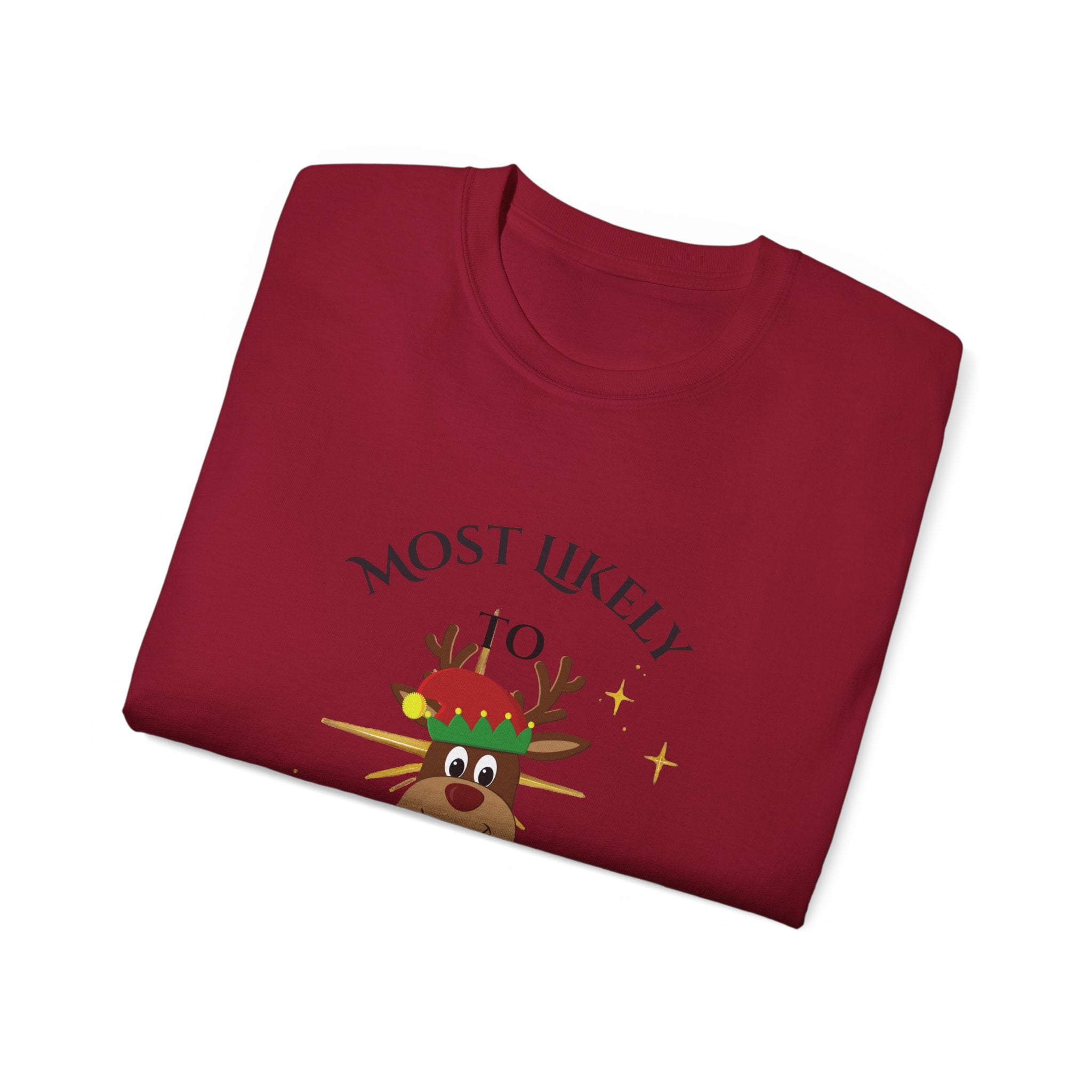 Most Likely to DJ Christmas Party Tee, Holiday T-Shirt, Funny Christmas Gift, Unisex Cotton Shirt, Party Outfit, Festive Apparel
