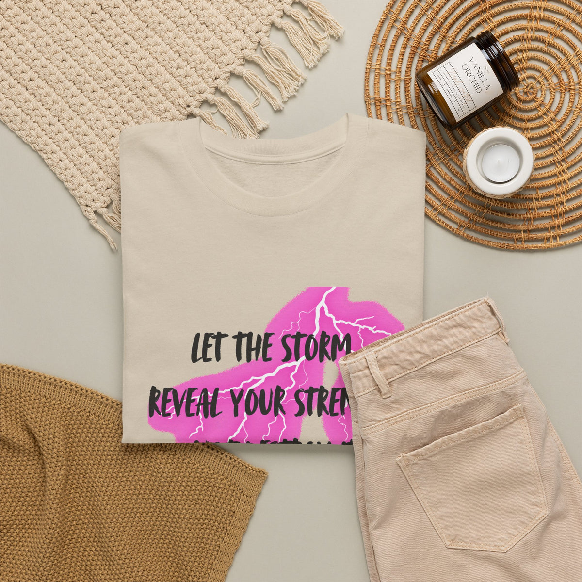 Let the Storm Reveal Your Strength Tee — Inspirational Pink Lightning Graphic T‑Shirt