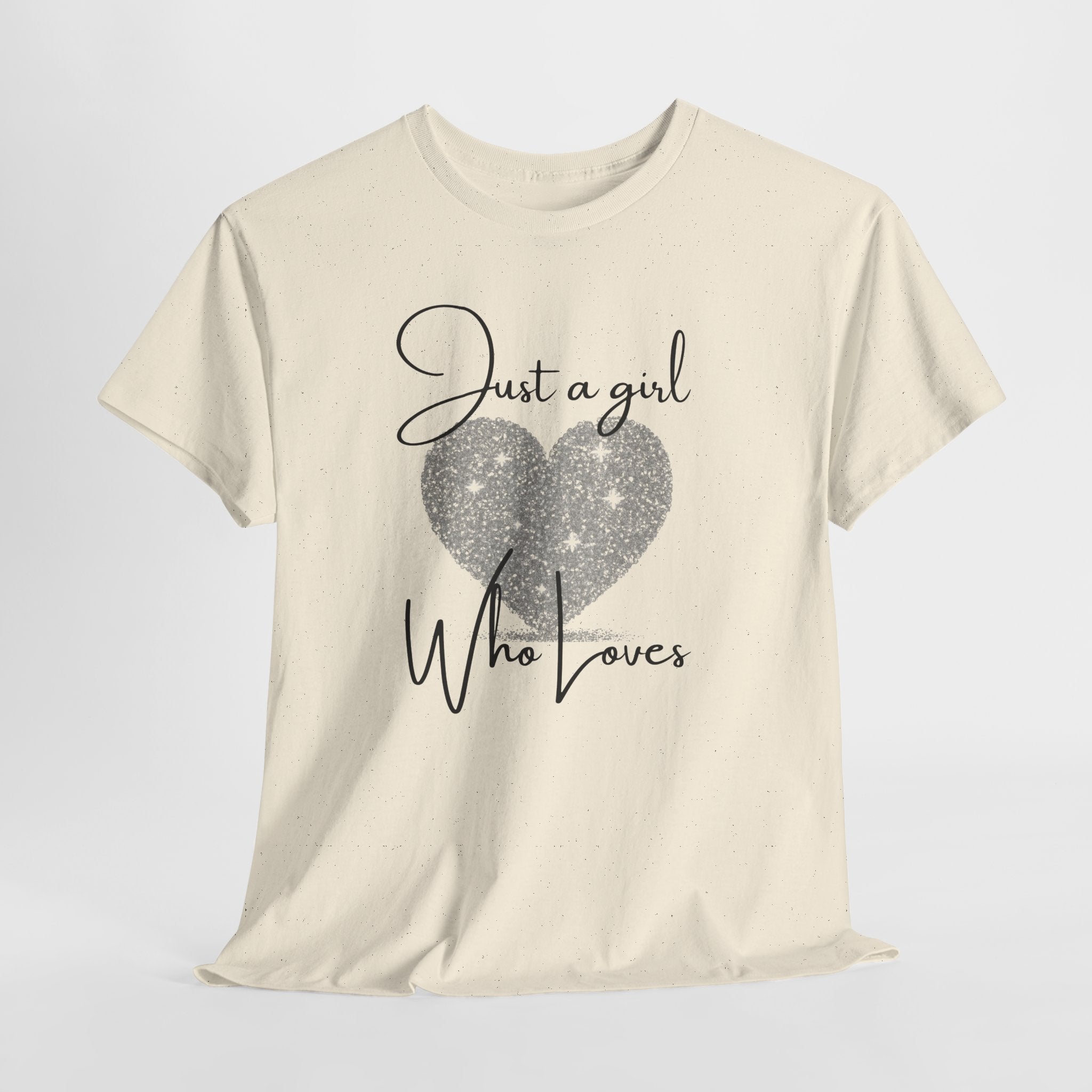 Glitter Heart Tee — "Just a girl who loves" Graphic T-Shirt