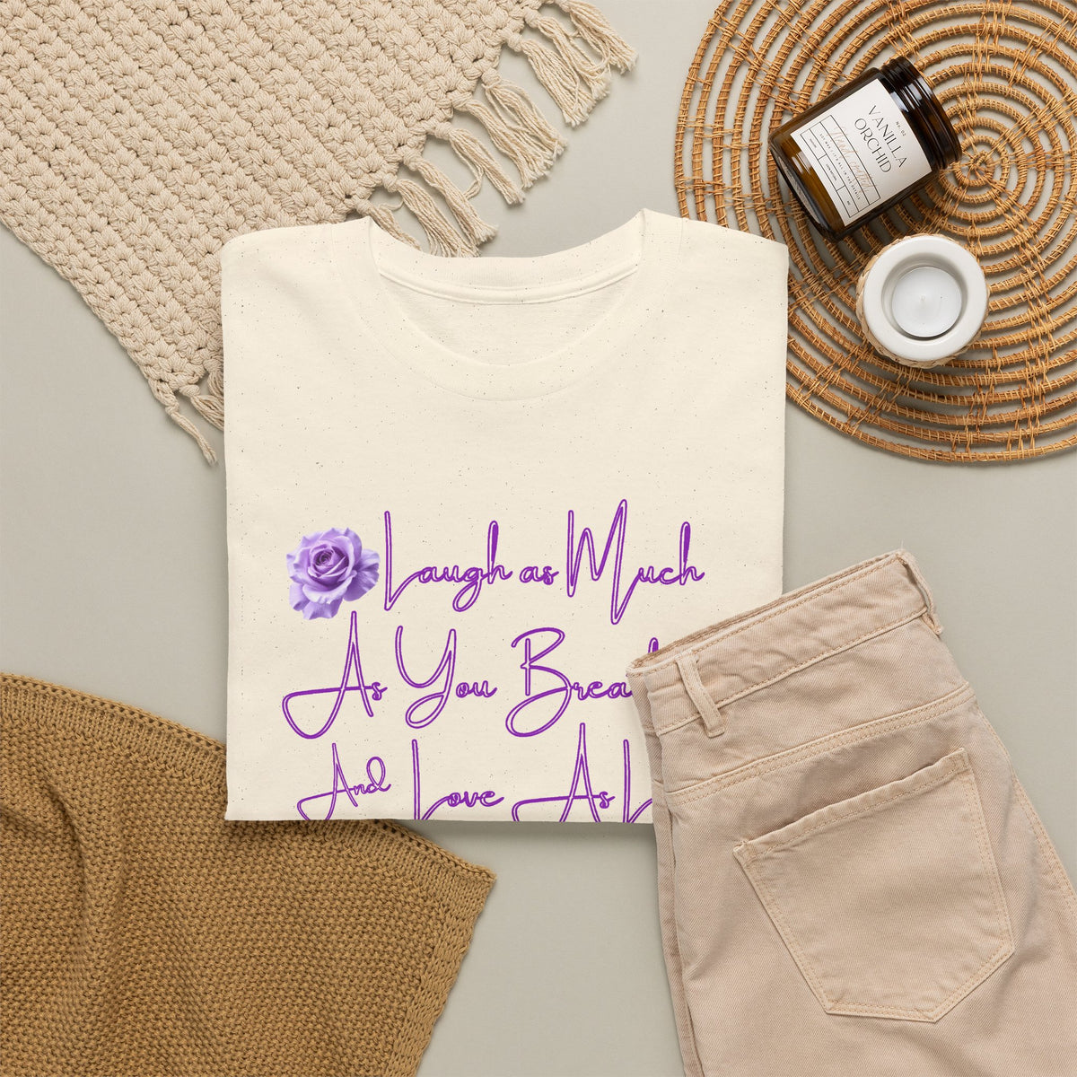 Inspirational Script Tee — "Breathe, Believe, Love" Purple Handwritten Design