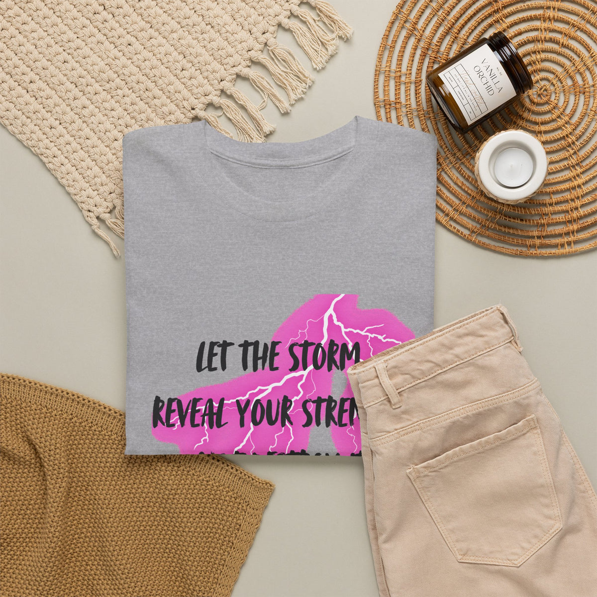 Let the Storm Reveal Your Strength Tee — Inspirational Pink Lightning Graphic T‑Shirt