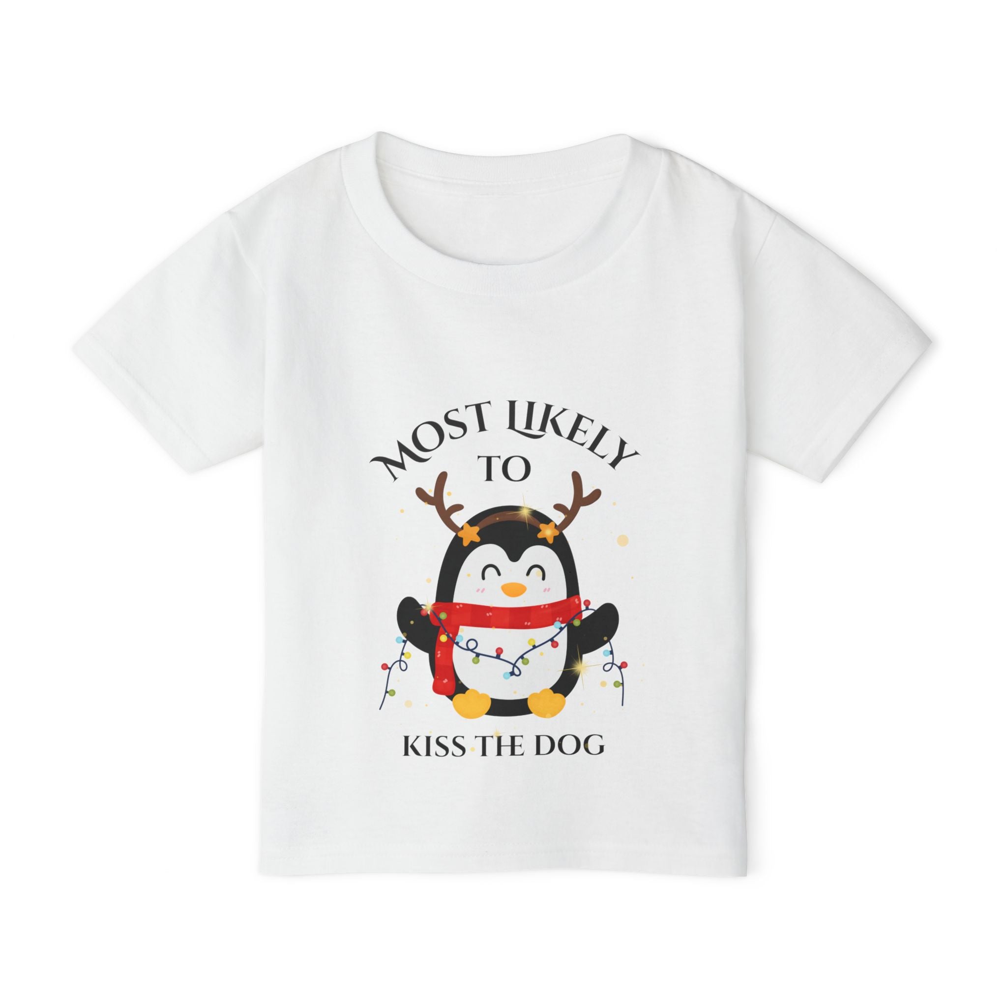 Cute Toddler T-Shirt with Penguin Design, Most Likely to Kiss the Dog, Funny Kids Tee, Christmas Gift, Animal Lover Shirt, Toddler Apparel