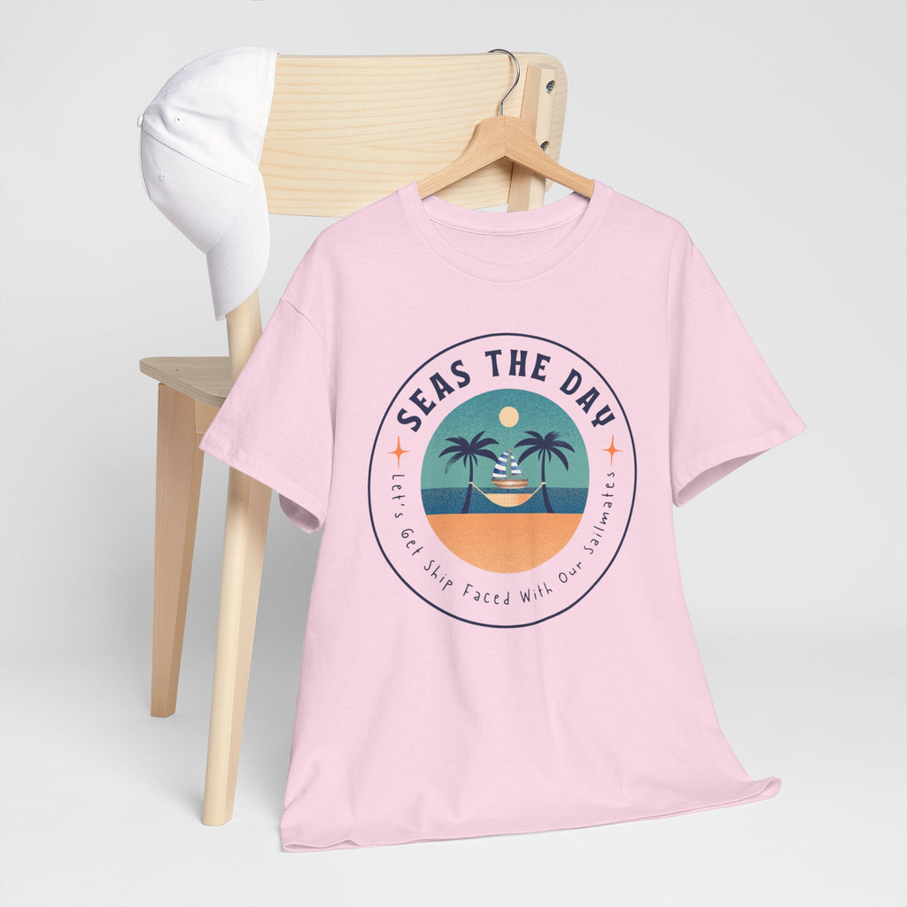 Seas the Day Beach Tee — Retro Palm Tree Sunset “Seas the Day” Graphic Shirt