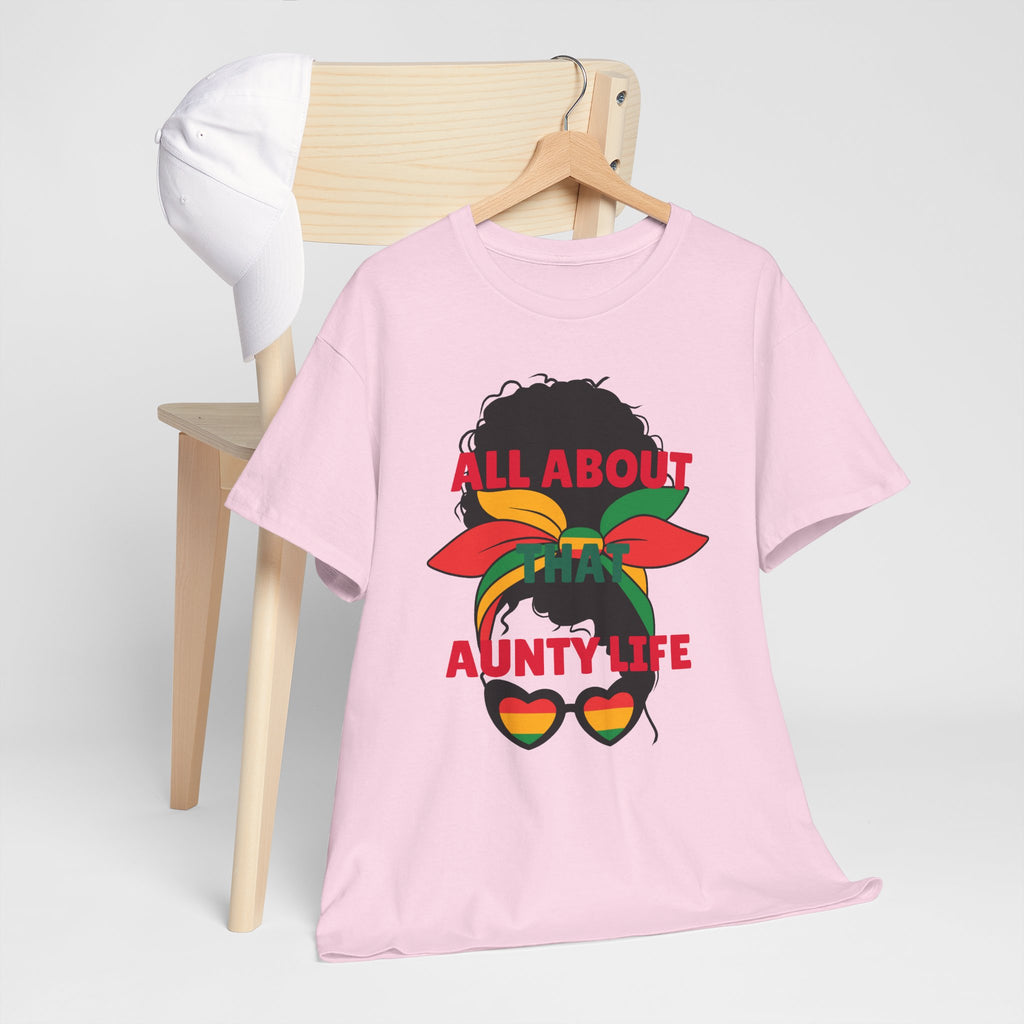 Aunty Life Tee – "All About Aunty Life" Graphic T-Shirt (Tropical Heart Sunglasses)
