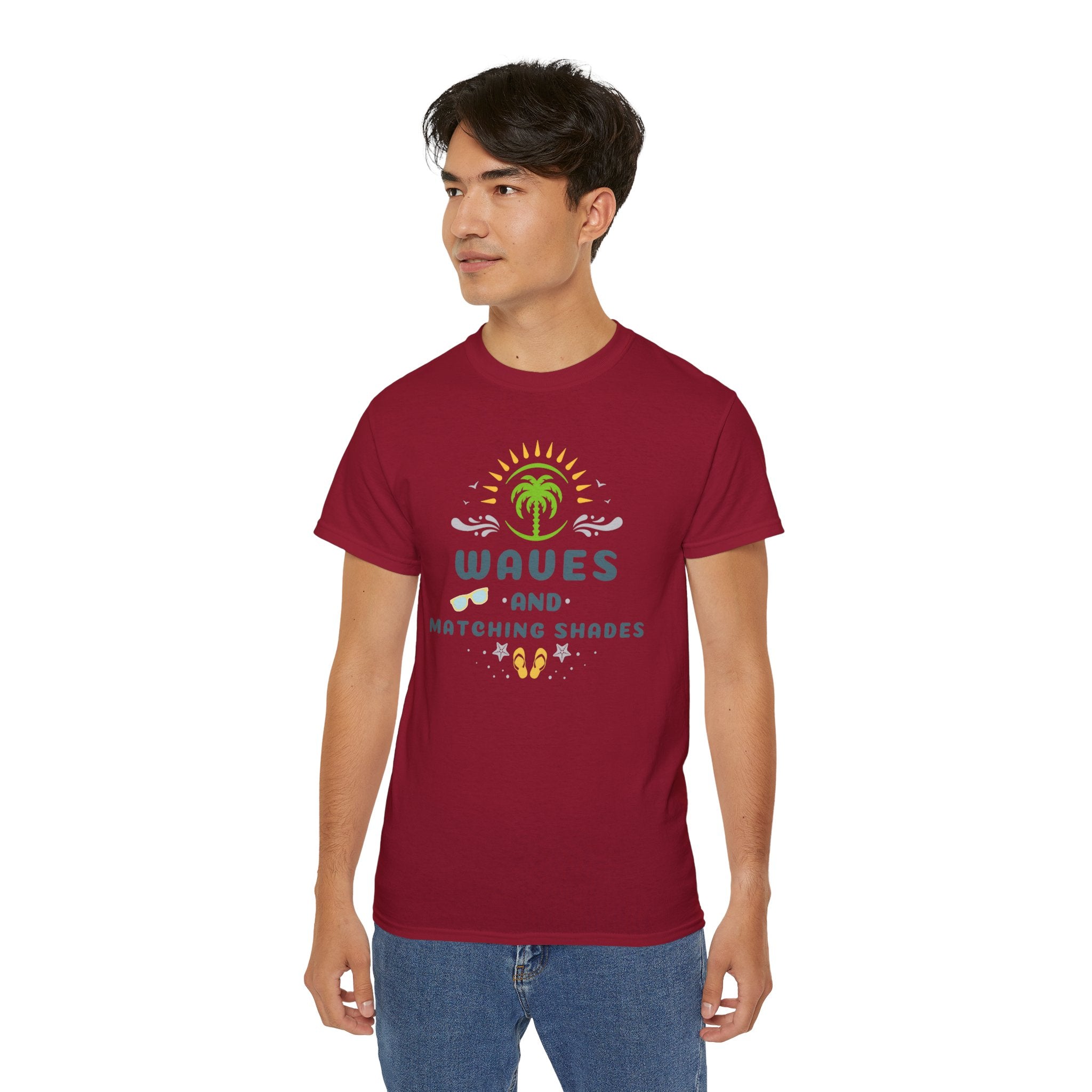 Waves and Matching Shades Tee — Retro Palm Beach Graphic T-Shirt