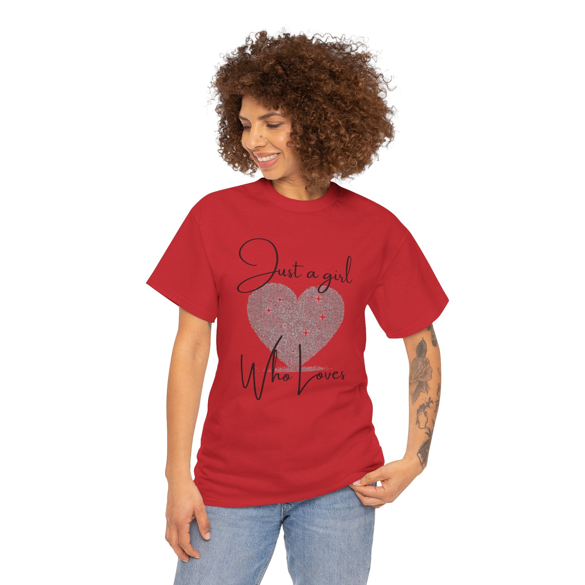 Glitter Heart Tee — "Just a girl who loves" Graphic T-Shirt