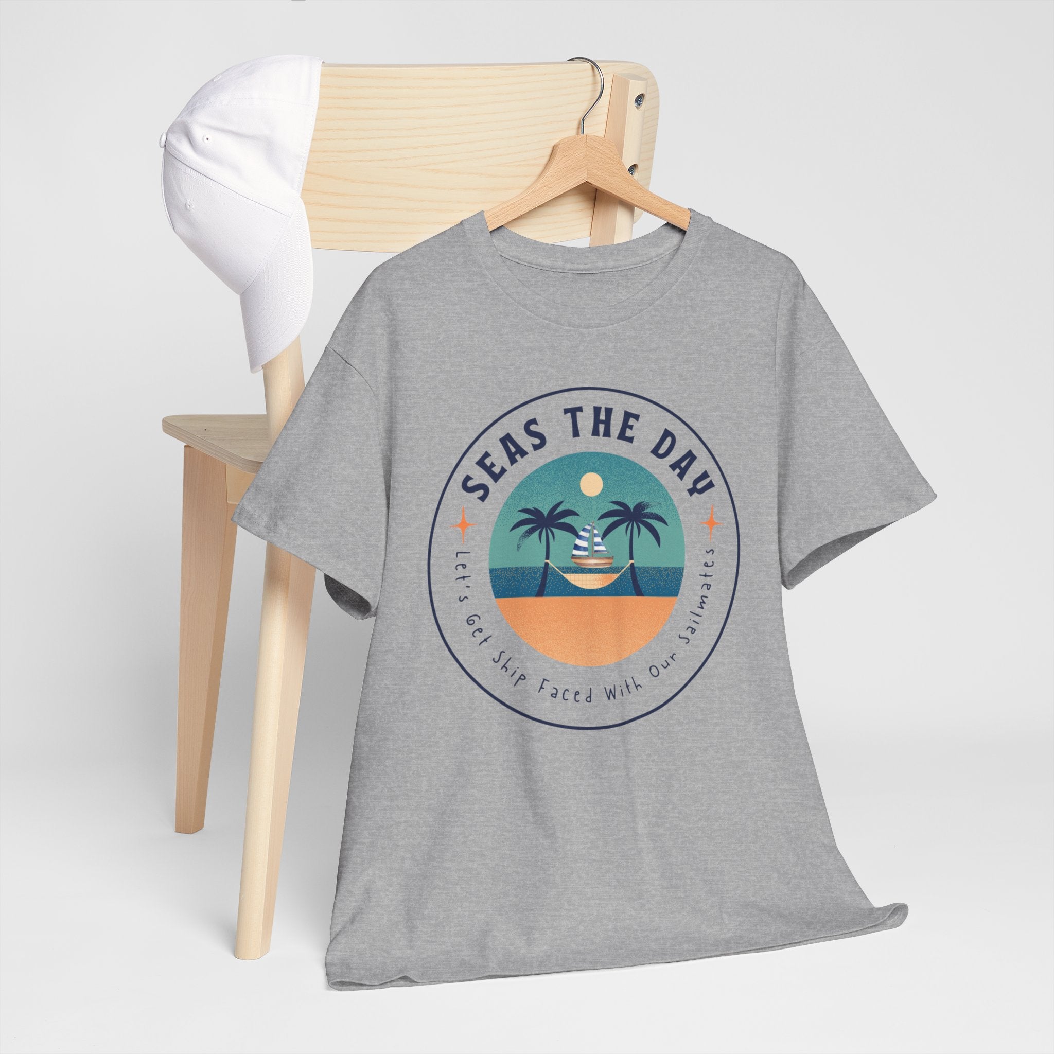 Seas the Day Beach Tee — Retro Palm Tree Sunset “Seas the Day” Graphic Shirt