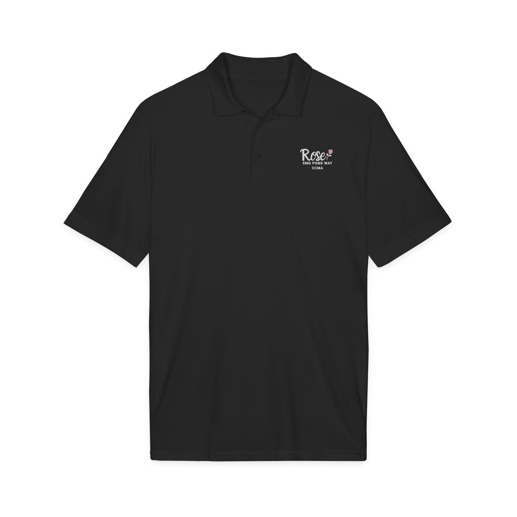 Rose Women's Polo Work Shirt White Script with a Rose