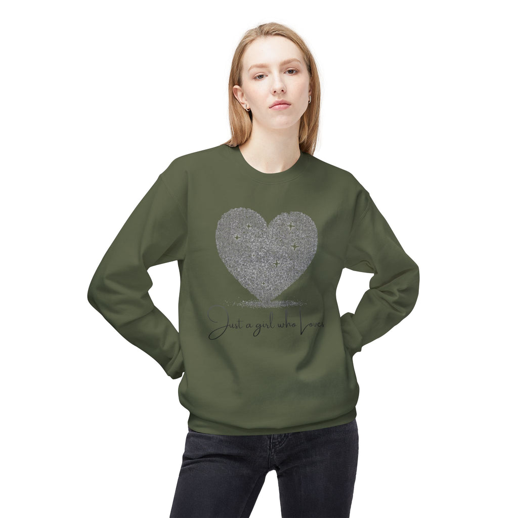 Crewneck Sweatshirt - Glitter Heart "Just a girl who loves" Cozy Graphic Pullover