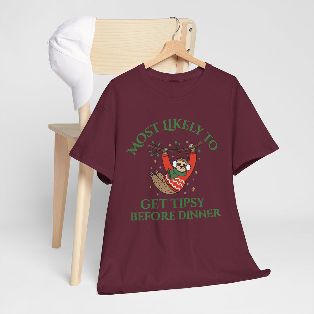Most Likely to Get Tipsy Before Dinner Christmas Sloth T-Shirt