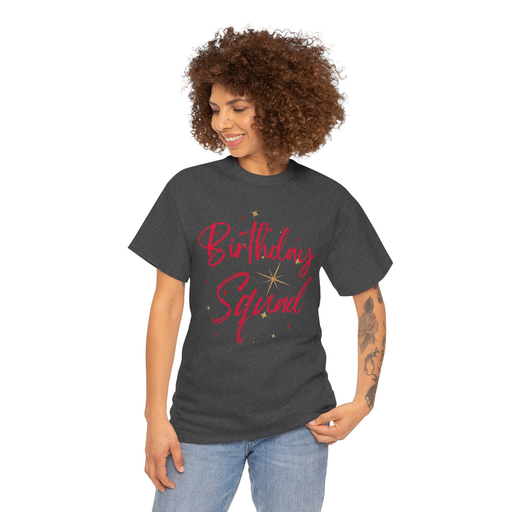 Birthday Squad T-Shirt — Women's Party Tee with Pink Script & Gold Stars
