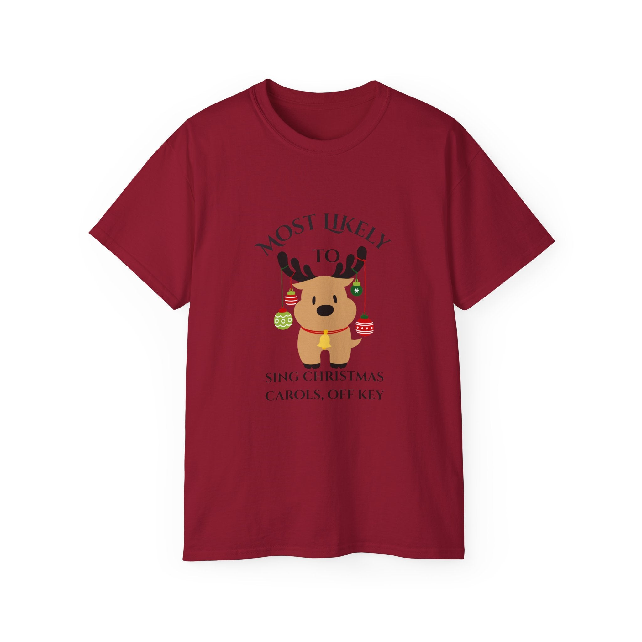 Funny Christmas Carols Tee, Unisex Holiday T-Shirt, Most Likely To Sing Off Key Shirt, Gift Idea for Friends, Cute Christmas Apparel